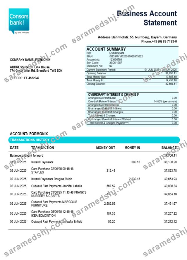 German Consorsbank business organization checking  statement Word and PDF format